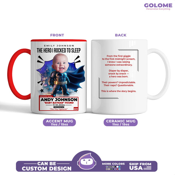 Custom Baby Batman Mug – “The Tiny Vigilante” Hero Story with Personalized Name, Photo & Quote for Mom